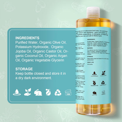 Yoken Castile Soap Liquid EWG Verified(1 Gallon, Unscented) Pure-Castile Liquid Soap for Body, Face, Hand, Pets, Laundry, Dish Soap and More - Made With Organic Oil, Vegan, Clean & Gentle, Versatile