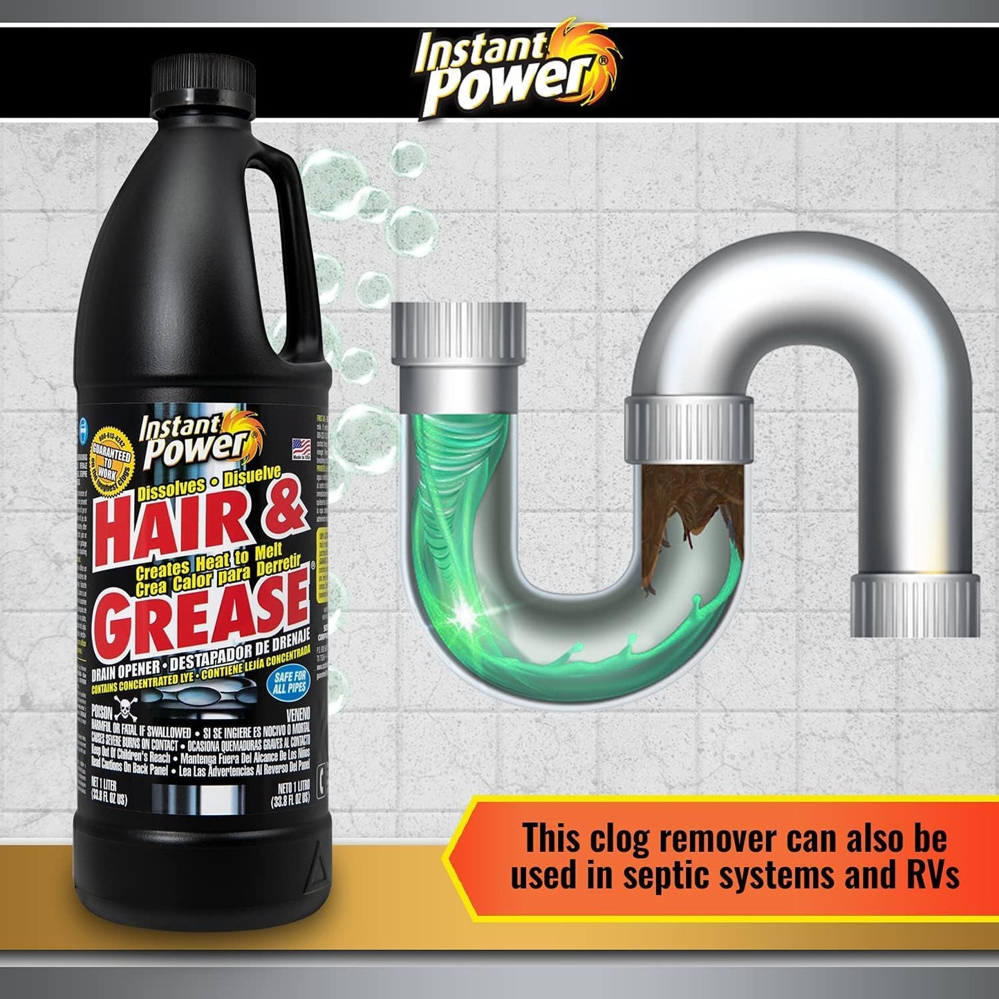 Instant Power Hair and Grease Drain Cleaner - Shower Drain & Sink Cleaner, Liquid Clog Remover, Made in USA, Sink Deodorizer - 1 Liter (Pack of 2)