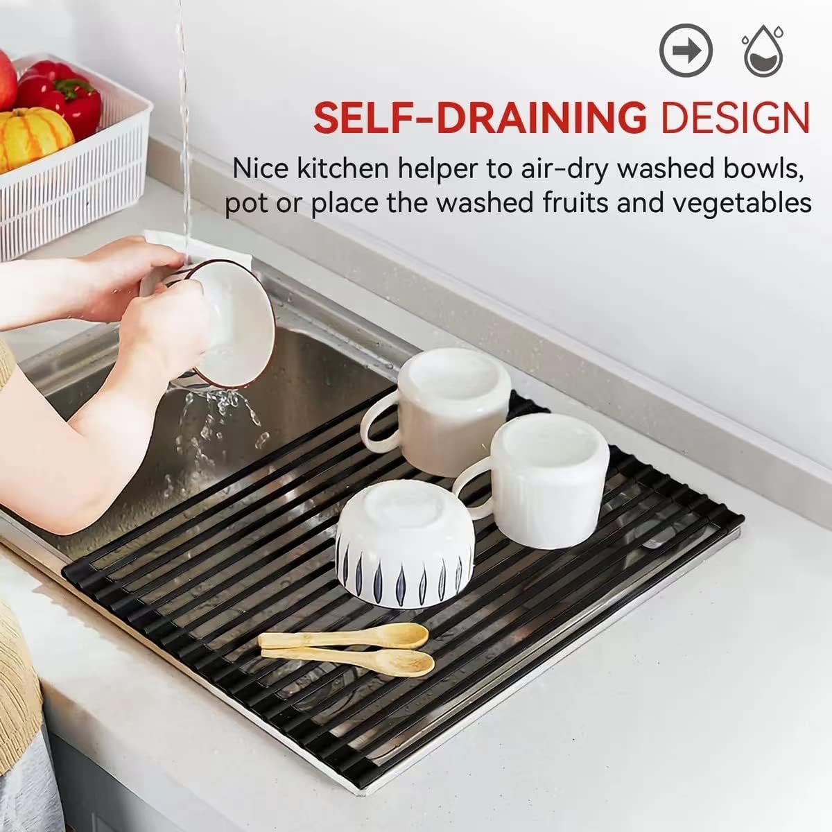 MERRYBOX Triangle Roll Up Dish Drying Rack Over The Sink, 2025 Anti-Rust Sink Drying Rack with Full Silicone Wrapped for Top of Corner, Anti-Slip Organizer for Kitchen