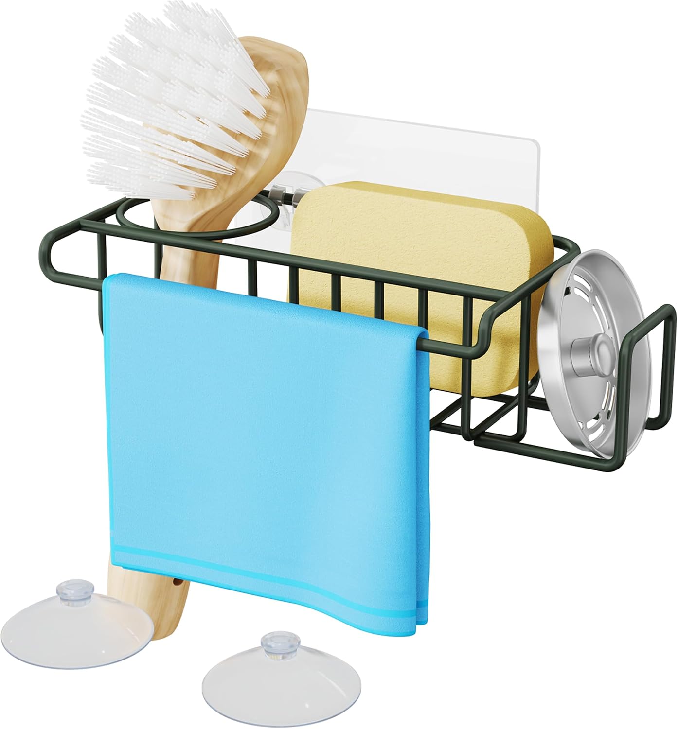 HapiRm 4 in 1 Kitchen Organizers and Storage, SUS304 Stainless Steel Brush Holder + Dish Cloth Hanger + Soap Rack + Sink Stopper Rack, No Drill Kitchen Essentials - Black