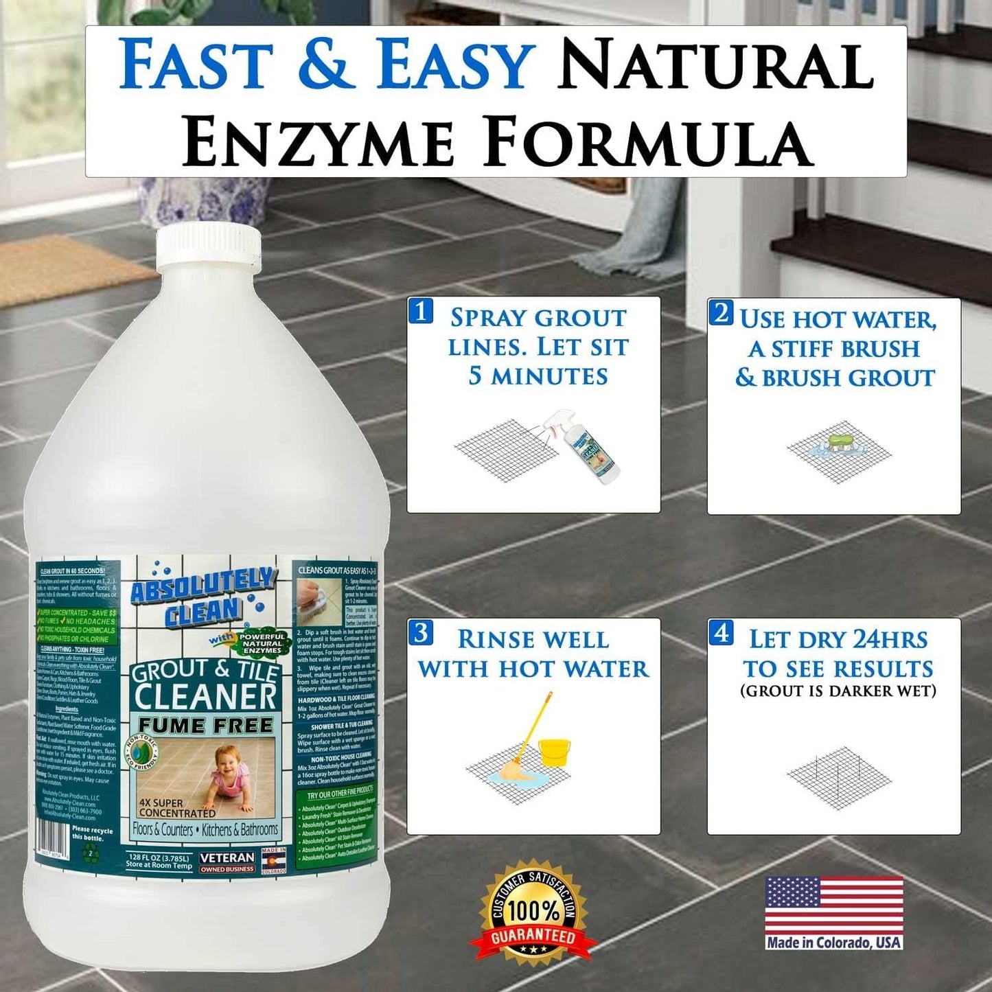 Absolutely Clean FAST GROUT CLEANER! - Professional Strength, Natural Enzyme Formula - Fast Acting, Fume Free - USA Made (16oz Cleans Up To 250 sq ft)