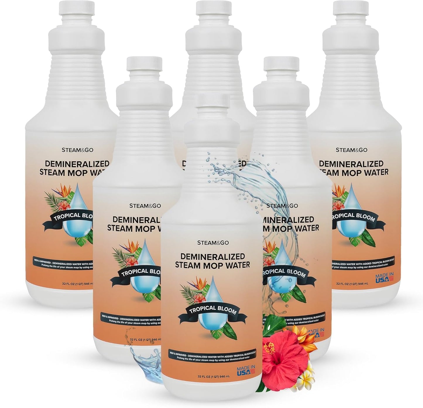 Steam & Go Demineralized Water for Steam Cleaner - PVC-Free Floor Cleaning Solution Compatible for All Steam Mops - Multi-Surface Cleaner for Home Surfaces - Tropical Bloom Scent, 32 oz