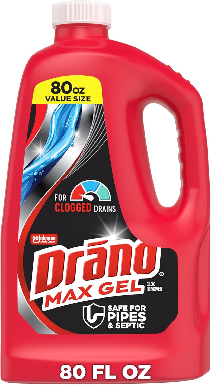 Drano Max Gel Drain Clog Remover & Cleaner, Fast-Acting to Unclog Standing Water & Remove Hair, Grease & Food Blockages, Safe for all Pipes & Septic, Kitchen Sinks, Bathroom Showers & Tubs, 32 Oz