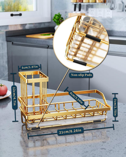 Consumest Sink Caddy, Kitchen Sponge Holder with Dish Brush Holder, Kitchen Organizer with Drip Tray for Countertop, Stainless Steel Rustproof - Silver