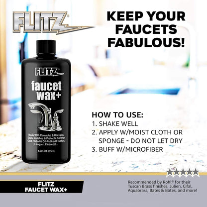 Flitz Faucet Wax Plus - 3.4oz Bottle of USA-Made, Water-Based Faucet Cleaner & Polisher for Water Stains, Fingerprints, & More - Metal Wax for Bronze, Nickel, Chrome, Brass - Granite Polish (1 Pack)