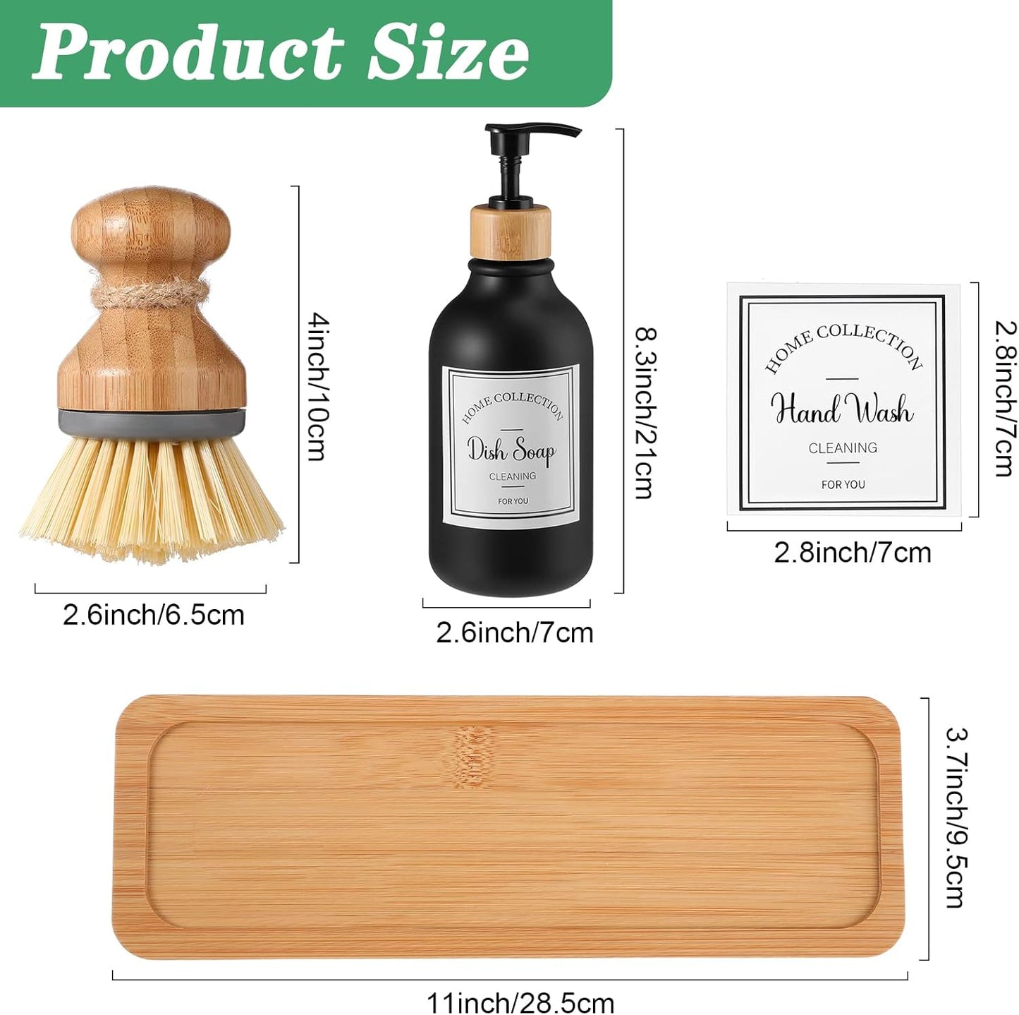 Zopeal 4 Pcs 16 oz Kitchen Soap Dispenser Set with Bamboo Tray and Dish Brush Plastic Soap Dispenser Set with Waterproof Labels for Hand Dish Lotion(Frosted Black)