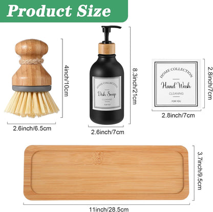 Zopeal 4 Pcs 16 oz Kitchen Soap Dispenser Set with Bamboo Tray and Dish Brush Plastic Soap Dispenser Set with Waterproof Labels for Hand Dish Lotion(Frosted Black)