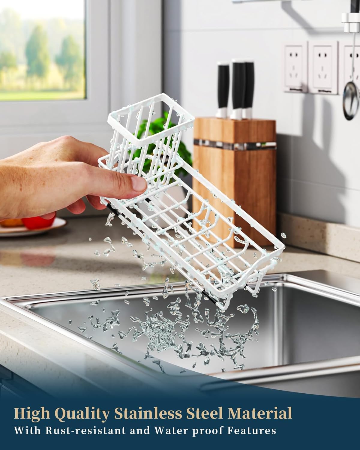 Consumest Sink Caddy, Kitchen Sponge Holder with Dish Brush Holder, Kitchen Organizer with Drip Tray for Countertop, Stainless Steel Rustproof - Silver