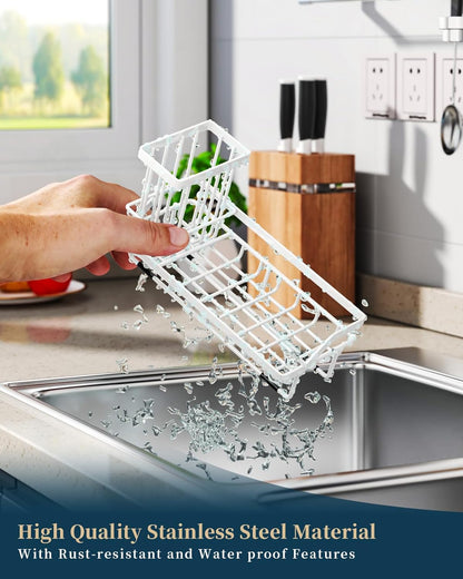 Consumest Sink Caddy, Kitchen Sponge Holder with Dish Brush Holder, Kitchen Organizer with Drip Tray for Countertop, Stainless Steel Rustproof - Silver