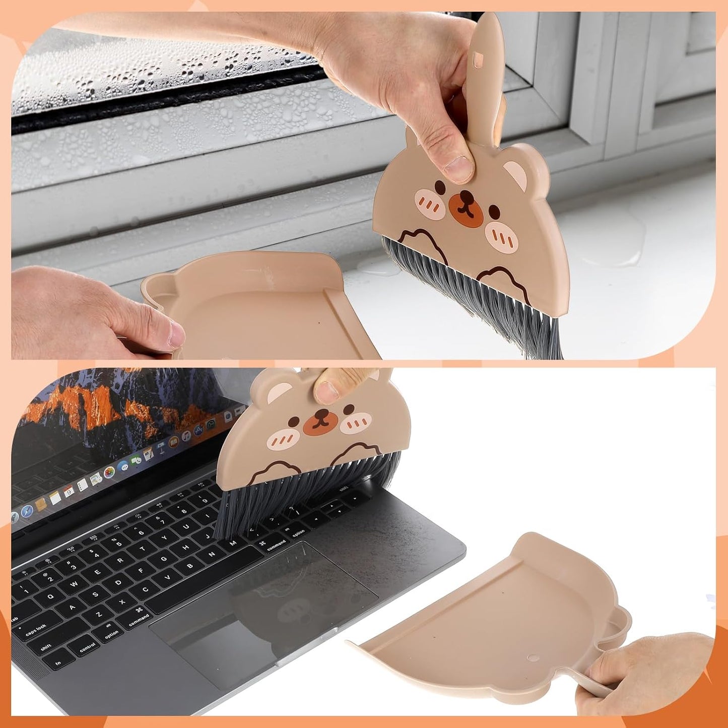 Ouligay Portable Hand Broom and Dustpan Set,Cute Mini Broom and Dustpan Set with Durable Brush,Lightweight Small Dust Pan and Broom Set for Desktop Cleaning Small Space Cleaning(Brown Bear)