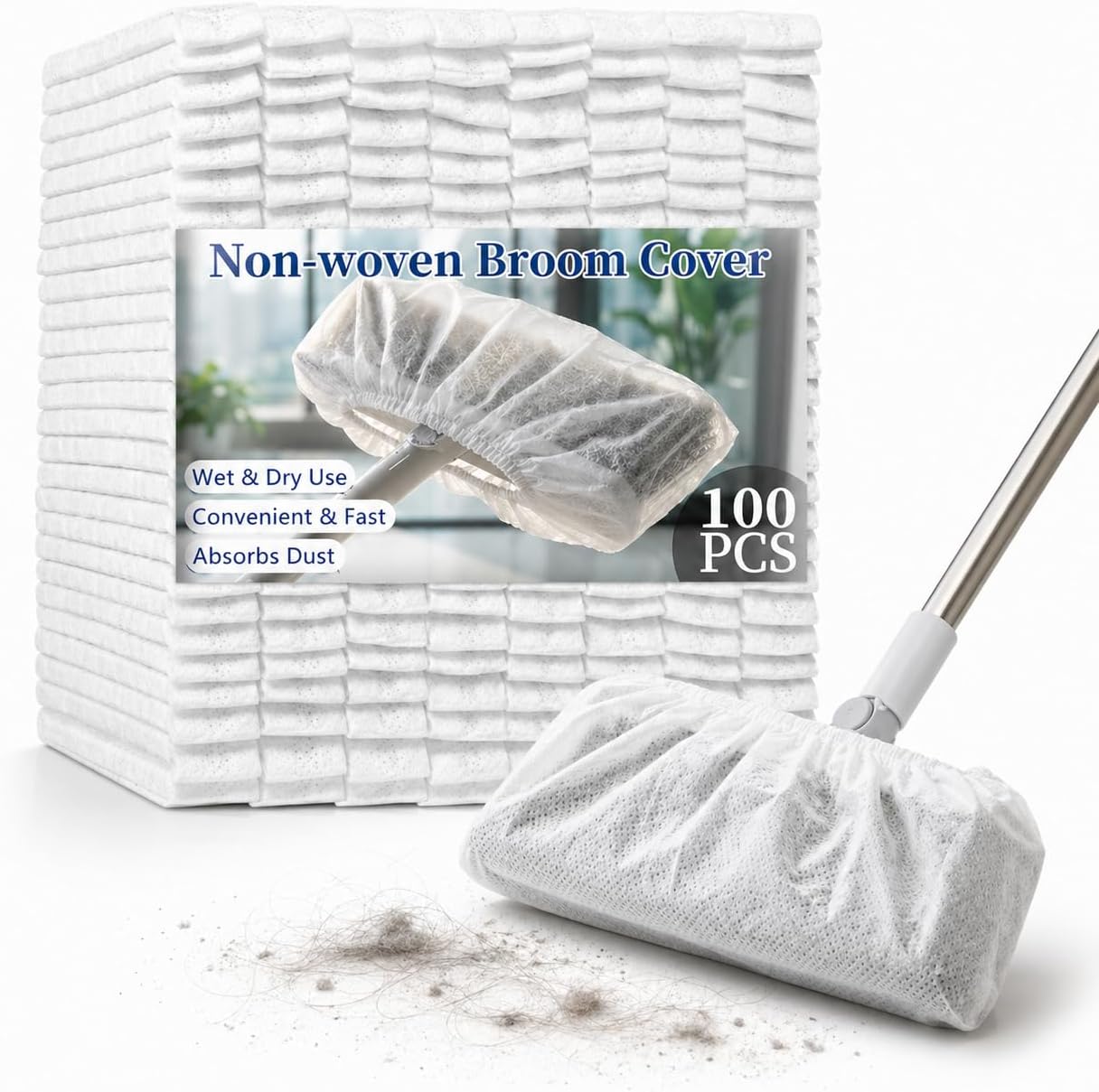 RAINFLOW Disposable Broom Cover Dust Wipes - 100PC Non-Woven Floor Cleaning Covers with Double Elastic Fit for Pet Hair Removal Broom, Sweep Mop, Household Cleaning Tools