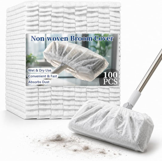 RAINFLOW Disposable Broom Cover Dust Wipes - 100PC Non-Woven Floor Cleaning Covers with Double Elastic Fit for Pet Hair Removal Broom, Sweep Mop, Household Cleaning Tools