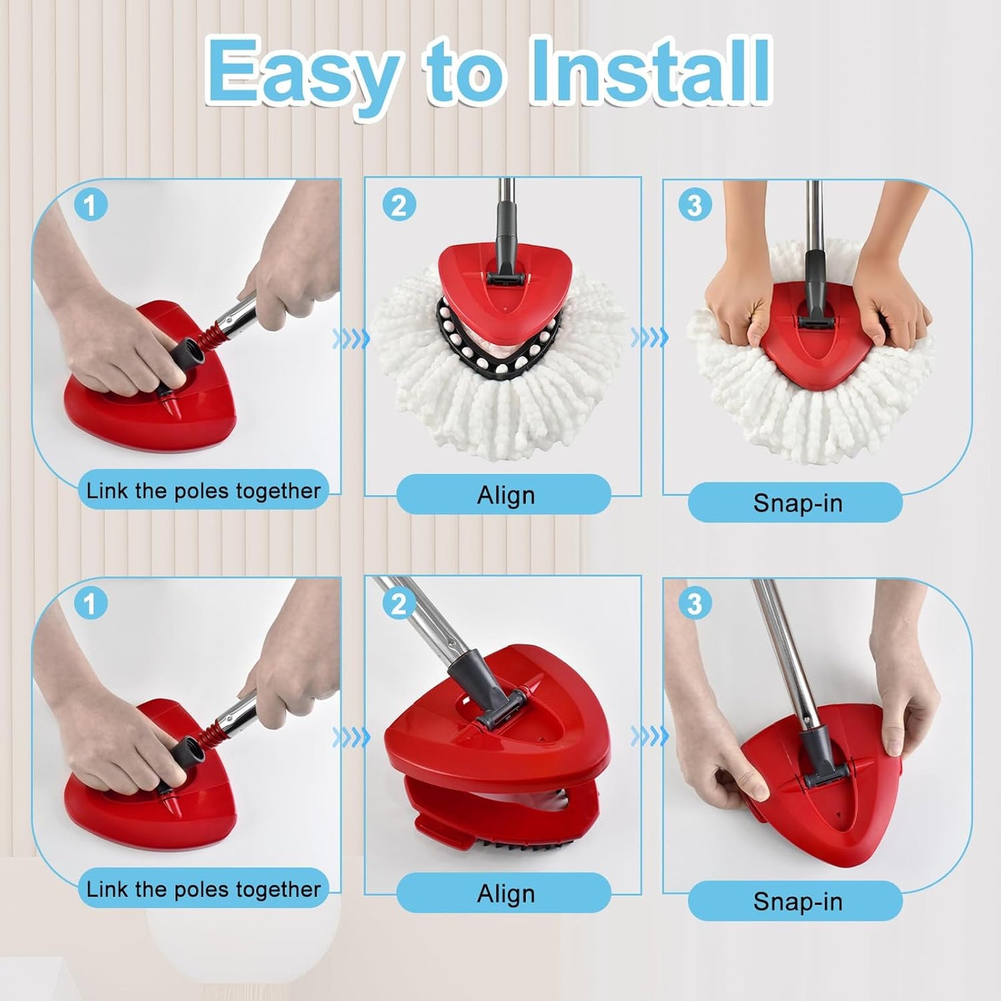 Spin Mop Handle, Mop Replacement Head,Brush,Base Compatible with OCedar EasyWring 1 Tank,2 Microfiber Mop Refills,1 Mop Base,1 Brush and 30-58" Mop Handle Combo Set for OCeda,Use for Floor Cleaning