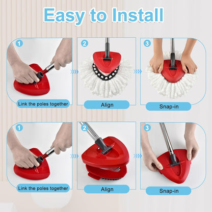Spin Mop Handle, Mop Replacement Head,Brush,Base Compatible with OCedar EasyWring 1 Tank,2 Microfiber Mop Refills,1 Mop Base,1 Brush and 30-58" Mop Handle Combo Set for OCeda,Use for Floor Cleaning