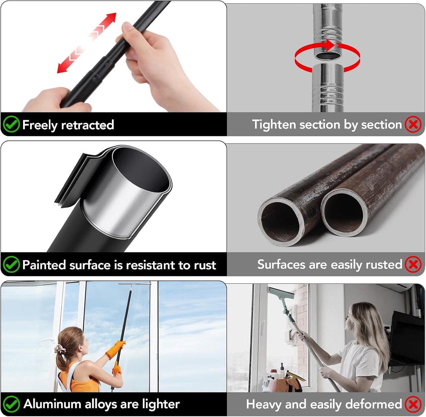 Shower Squeegee for Gass Doors, 15-51" Telescopic Squeegee for Window Cleaning, Squeegee for Shower Glass, Window Cleaner Tool with Long Handle for Tile Walls, Sliding Door, Floor, Car Windshield