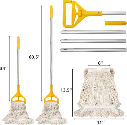Yesland Commercial Mop with 2 Mop Heads, Industrial Cotton Mops with 61inch Long Handle, Heavy Duty Looped-End String Wet Mops for Cleaning Office Garage Hardwood Warehouse Factory Mall Deck
