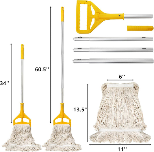 Yesland Commercial Mop with 2 Mop Heads, Industrial Cotton Mops with 61inch Long Handle, Heavy Duty Looped-End String Wet Mops for Cleaning Office Garage Hardwood Warehouse Factory Mall Deck
