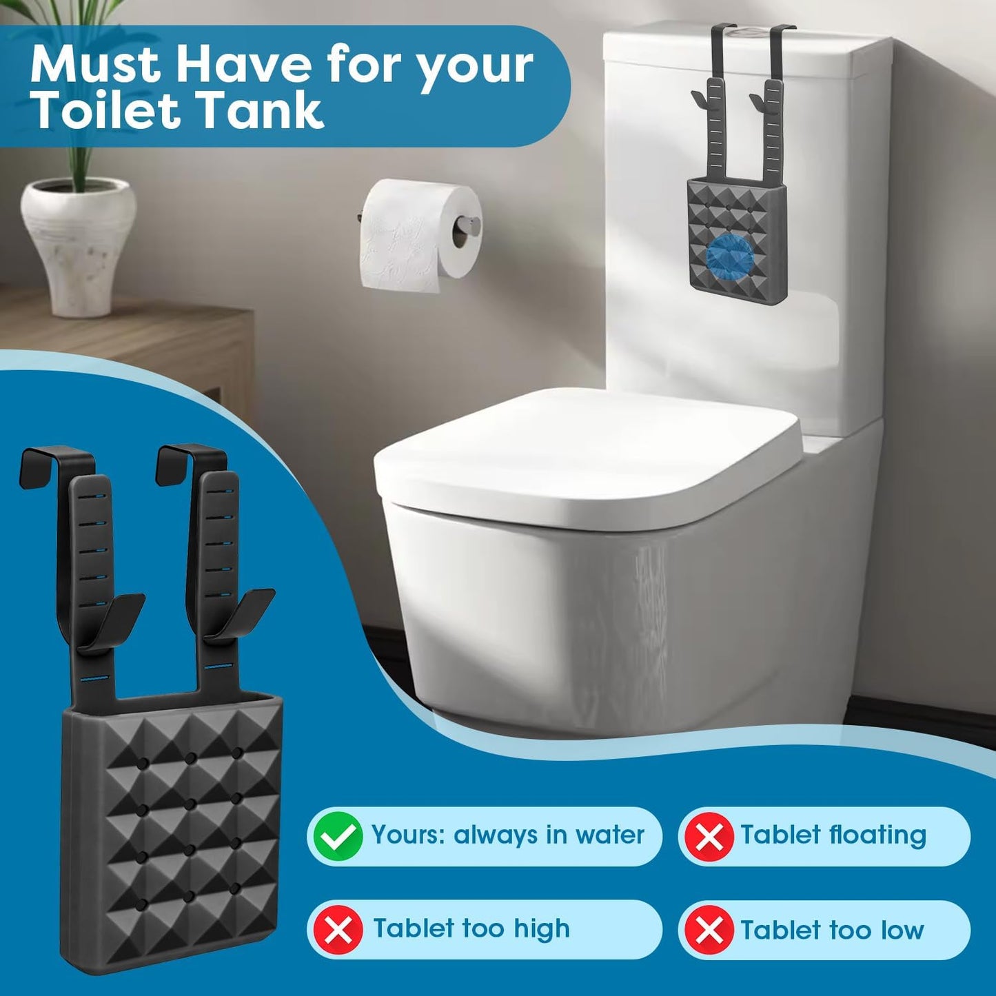 Adjustable Toilet Tank Cleaning Tablet Holder-Hanging Silicone Basket Carrier with Rustproof Hooks for Bowl Cleaner & Bleach Tablet Organizer, Accessory Fit Up to 7" Water Level