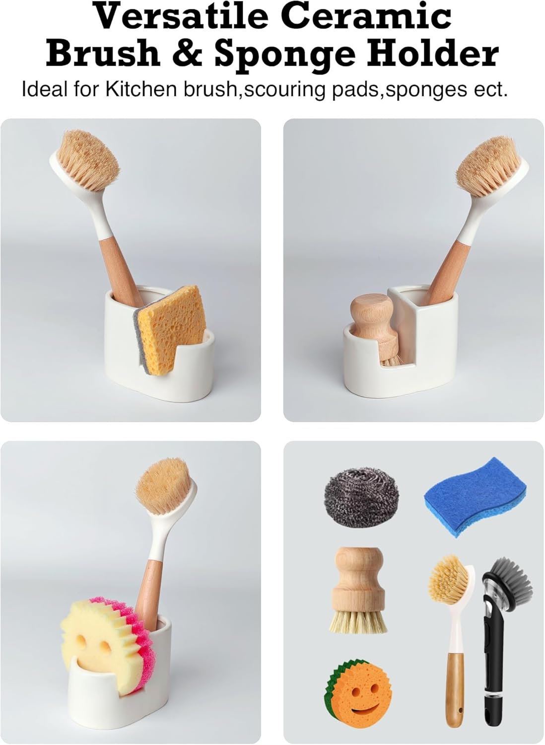 Ceramic Sponge Holder for Kitchen Sink, 2-in-1 Sponge & Brush Organizer, Compact Countertop Sink Caddy with Raised Edge to Catch Drips, Keeps Countertops Dry, Dishwasher Safe, Rustproof, White