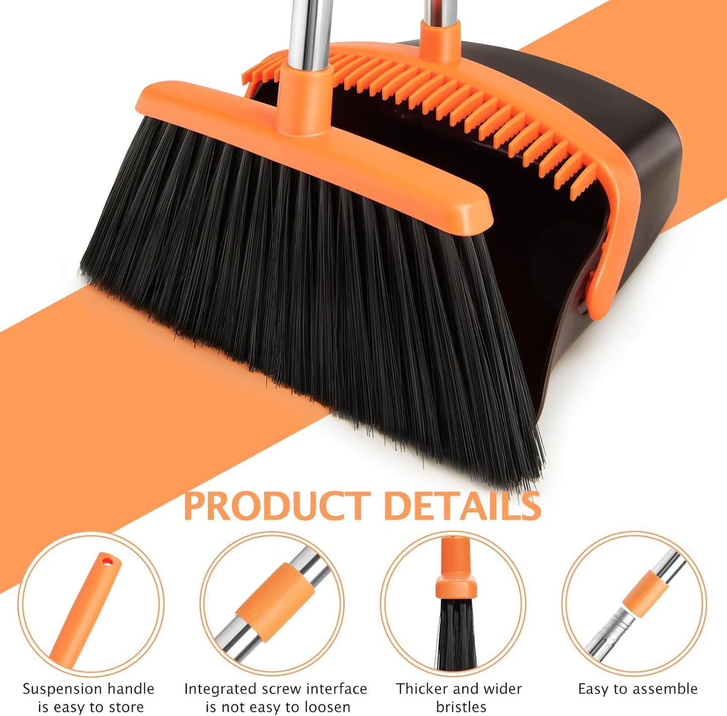 Broom and Dustpan Set, Long Handle Lightweight Dustpans with Broom Combo for Home, Indoor&Outdoor Sweeping for Home Room Kitchen Office Lobby (Charcoal)
