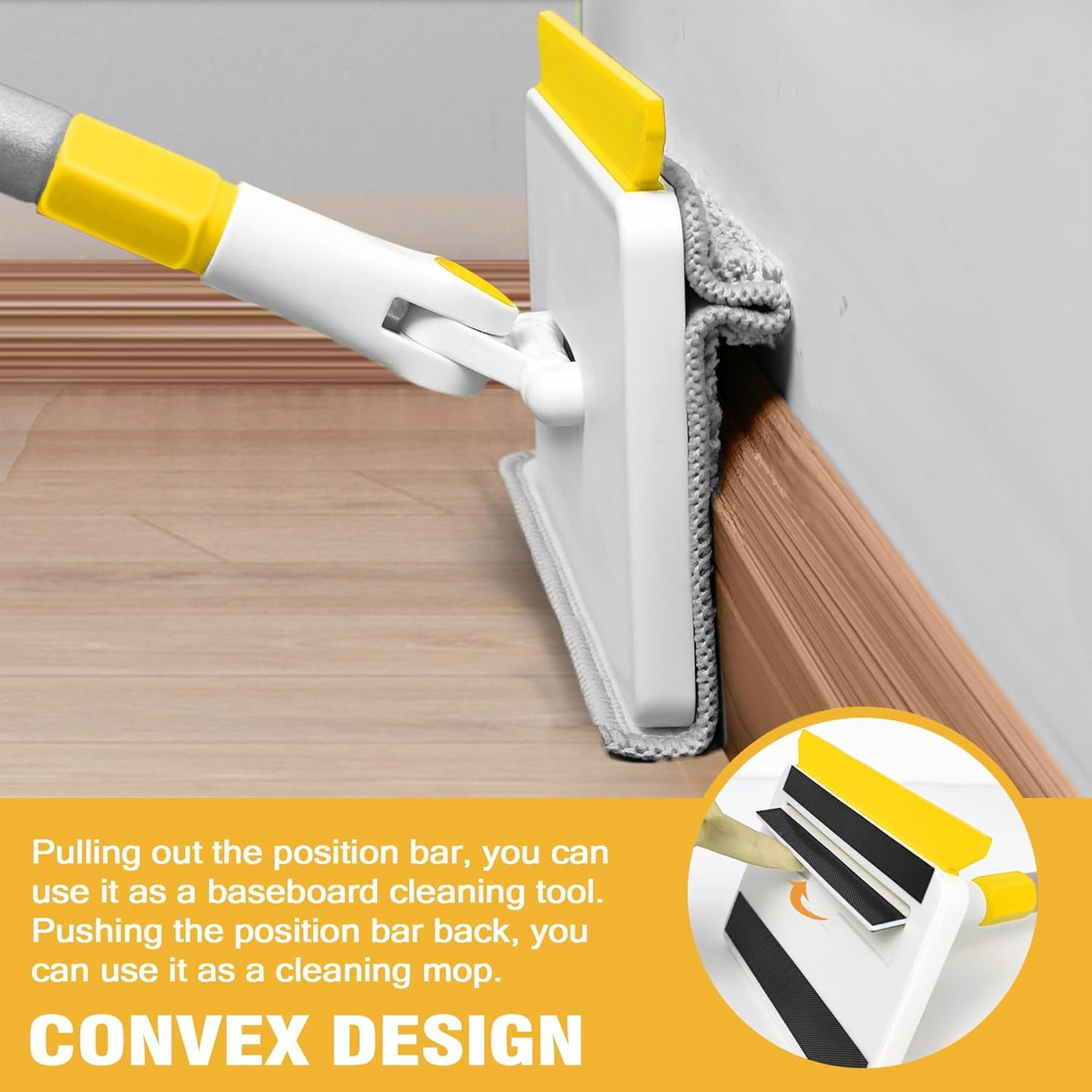 JEHONN Baseboard Cleaner Tool with Handle, 56 inches Base Boards Cleaning Mop Scrubber, 1 Stiff Bristles Brush, 2 Chenille and 2 Microfiber Pads, Wall Duster for Floorboard Ceiling Window Tile