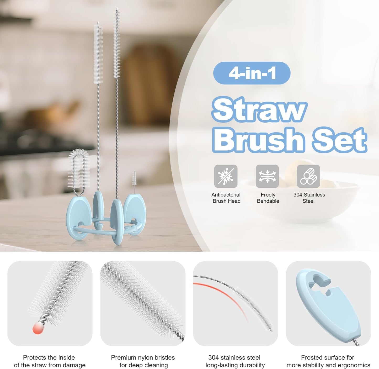YOTIME 4in1 Straw Cleaner Brush Set, Reusable Standing Straw Brushs with Holder Ring, for Wide and Narrow Straws, Tumblers, Water Bottles and Cups, Pink