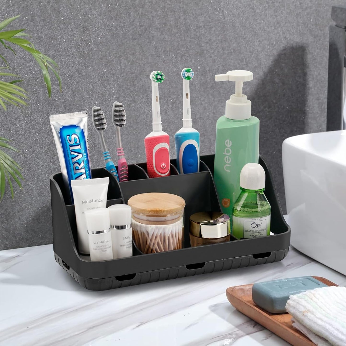 GFWARE Wood Toothbrush Holders for Bathrooms Countertop Organizer - Detachable 7 Slots Kid Bathroom Decor and Accessories, Wooden Bathroom Sink Storage Organization, Caddy, Tray, Brown