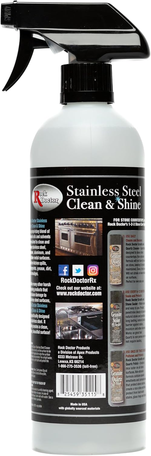 Rock Doctor Stainless Steel Cleaner and Polish, Streak-Free Cleaning Solution for Chrome and Aluminium, Stainless Appliance Cleaner, Stainless Steel Cooktop Cleaner, 24 oz. Spray Bottle, Pack of 1
