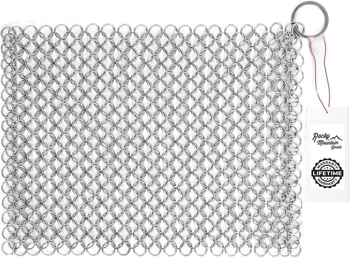 Rocky Mountain Goods 8” x 6” Chainmail Scrubber - 316L Stainless Steel Rings Cast Iron Cleaner for Pots, Griddles, Grills, Blackstone - Doesn’t Strip Away Seasoning or Flavor - Hanging Ring