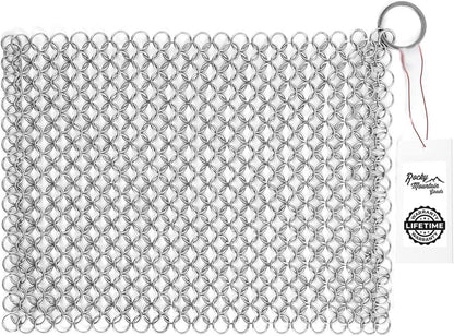 Rocky Mountain Goods 8” x 6” Chainmail Scrubber - 316L Stainless Steel Rings Cast Iron Cleaner for Pots, Griddles, Grills, Blackstone - Doesn’t Strip Away Seasoning or Flavor - Hanging Ring