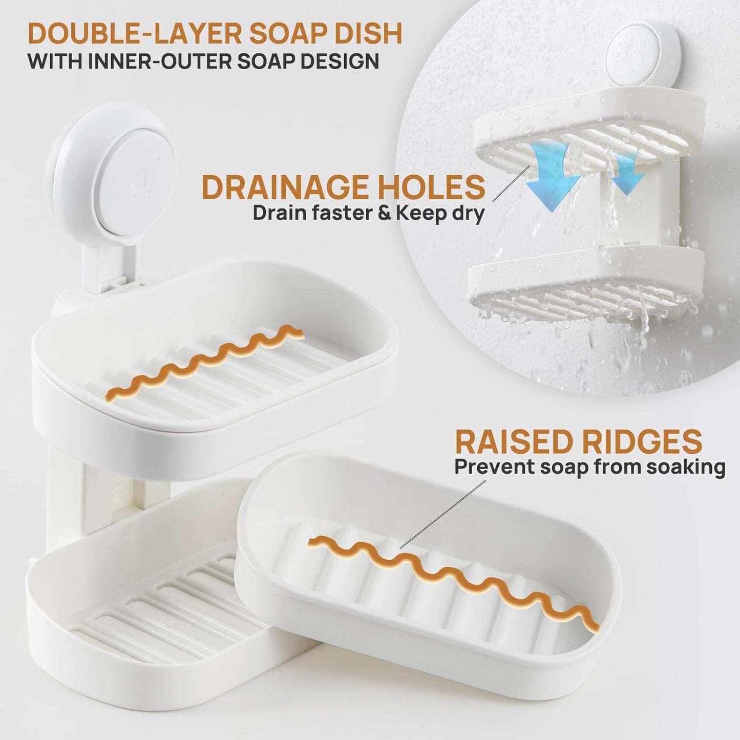 LEVERLOC Soap Holder Shower with Hooks, Bar Suction Cup Soap Dish Tray for Wall, Rust-Proof Stainless Steel Sponge Caddy for Bathroom Accessories Organizer Bathtub Kitchen Sink, Black