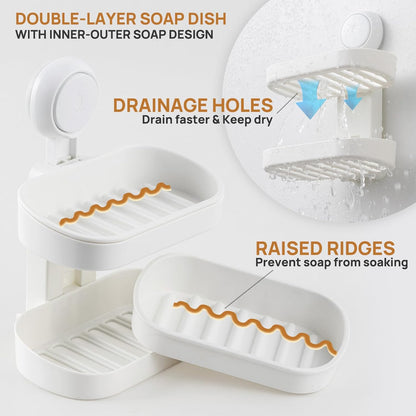 LEVERLOC Soap Holder Shower with Hooks, Bar Suction Cup Soap Dish Tray for Wall, Rust-Proof Stainless Steel Sponge Caddy for Bathroom Accessories Organizer Bathtub Kitchen Sink, Black
