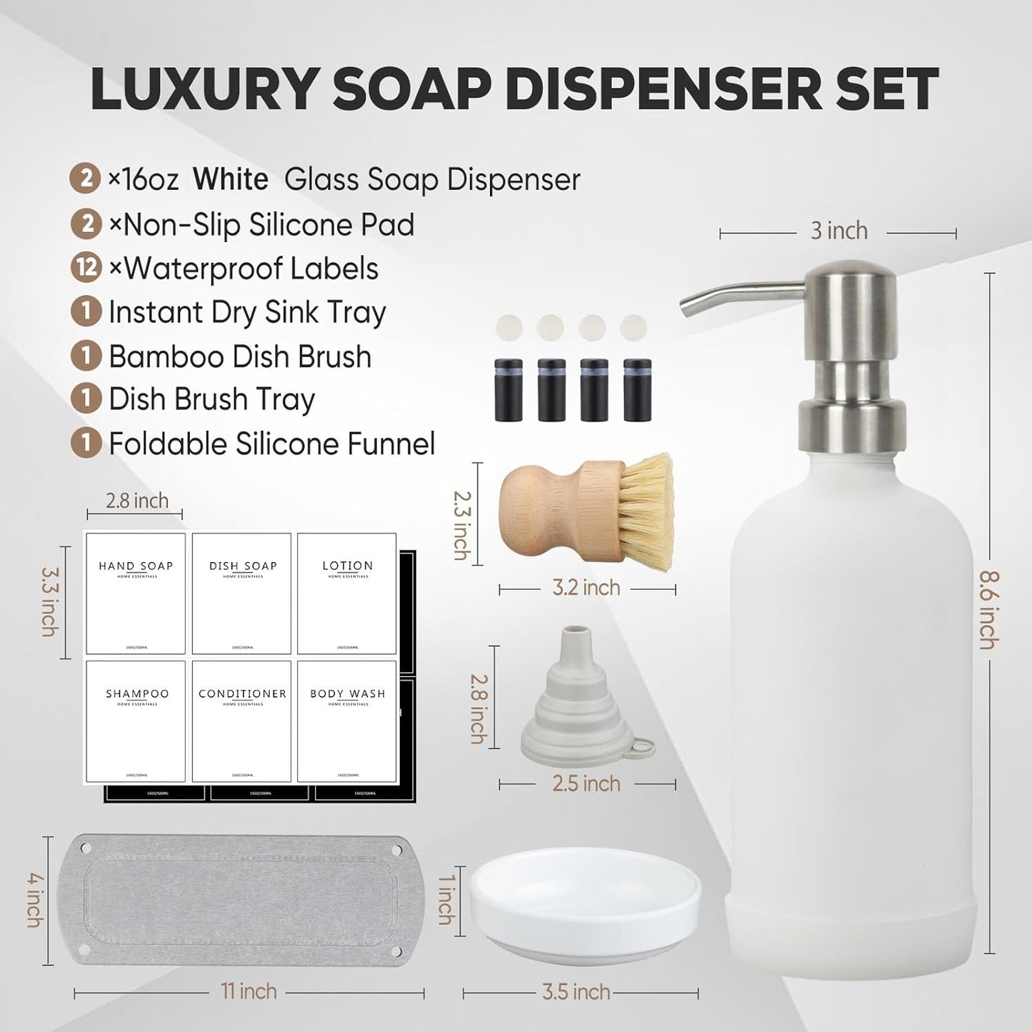 Kitchen Soap Dispenser Set with Instant Dry Tray,16 Oz Hand and Dish Soap Black Glass Dispenser Set,Stainless Steel Pump,Waterproof Labels&Dish Brush,Luxury Soap Bottle for Kitchen,Bathroom