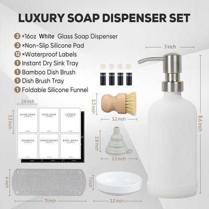 Kitchen Soap Dispenser Set with Instant Dry Tray,16 Oz Hand and Dish Soap Black Glass Dispenser Set,Stainless Steel Pump,Waterproof Labels&Dish Brush,Luxury Soap Bottle for Kitchen,Bathroom