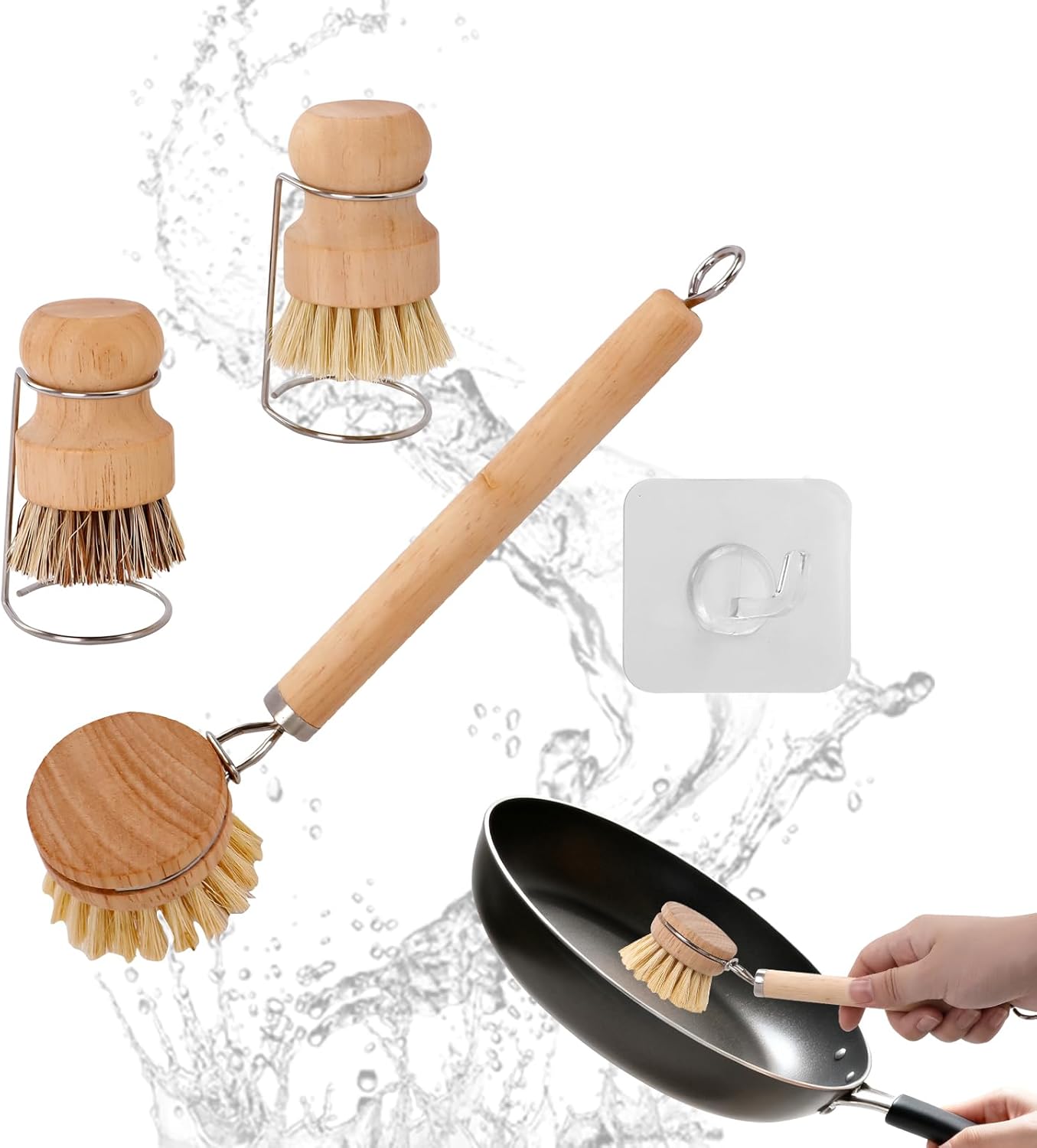 Bamboo Dish Brush Set, Natural Wooden Handle Dish Scrubber with 2PCS Mini Palm Brushes & Holders, Kitchen Brush with 1 Adhesive Hook for Pan Pots Dishes Vegetable