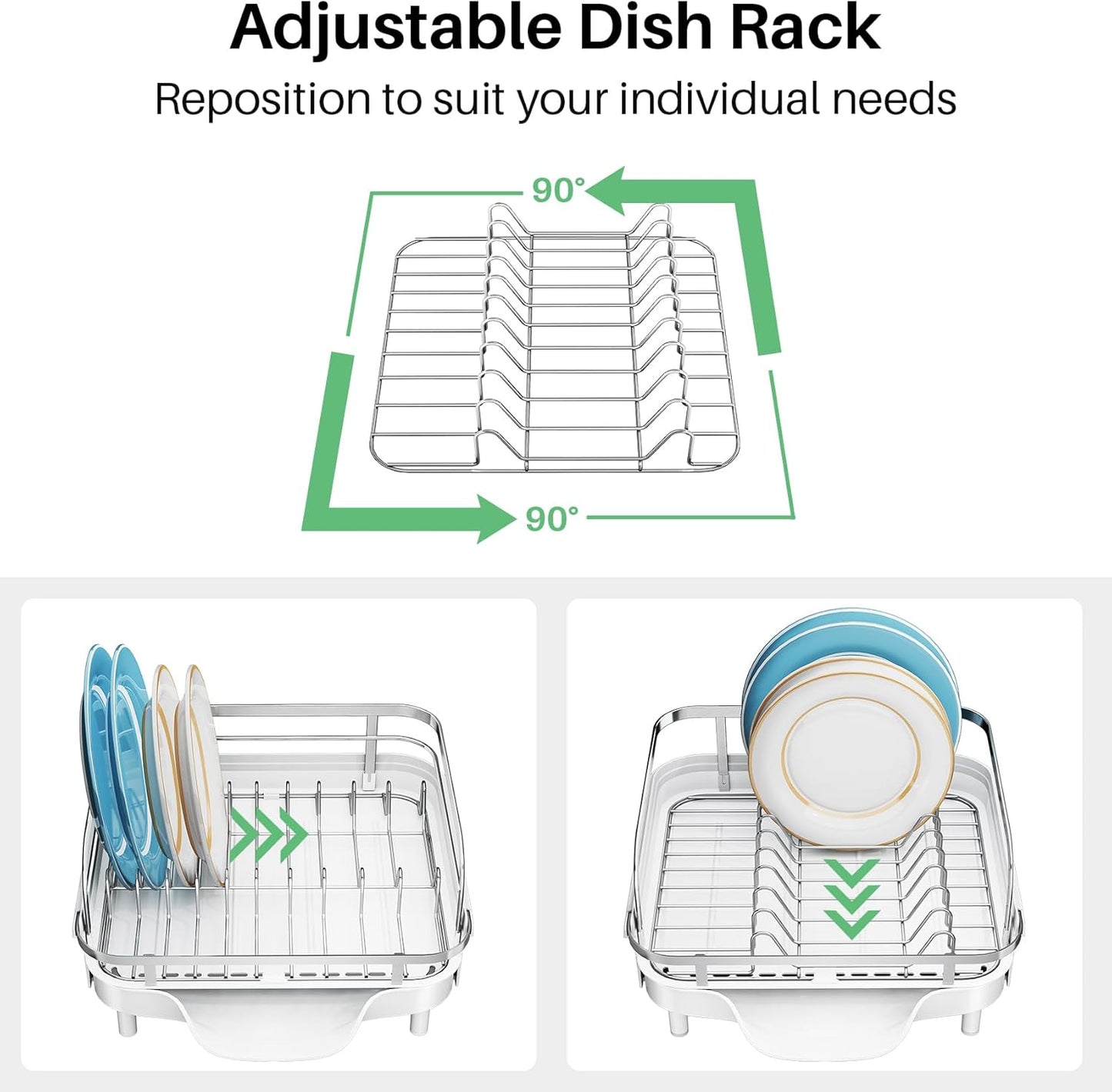 SNTD Dish Drying Rack, Expandable Dish Rack for Kitchen Counter, Stainless Steel Dish Drainer with Drainboard Set and Utensil Holder (Black)