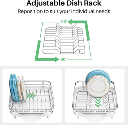 SNTD Dish Drying Rack, Expandable Dish Rack for Kitchen Counter, Stainless Steel Dish Drainer with Drainboard Set and Utensil Holder (Black)