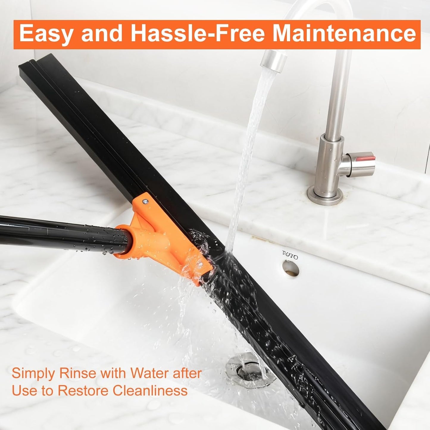 Heavy Duty Floor Squeegee with Long Handle, 18" Rubber Wiper Broom for Concrete Tile Cleaning Commercial Scrubber Mop for Garage Deck Bathroom Kitchen Pool