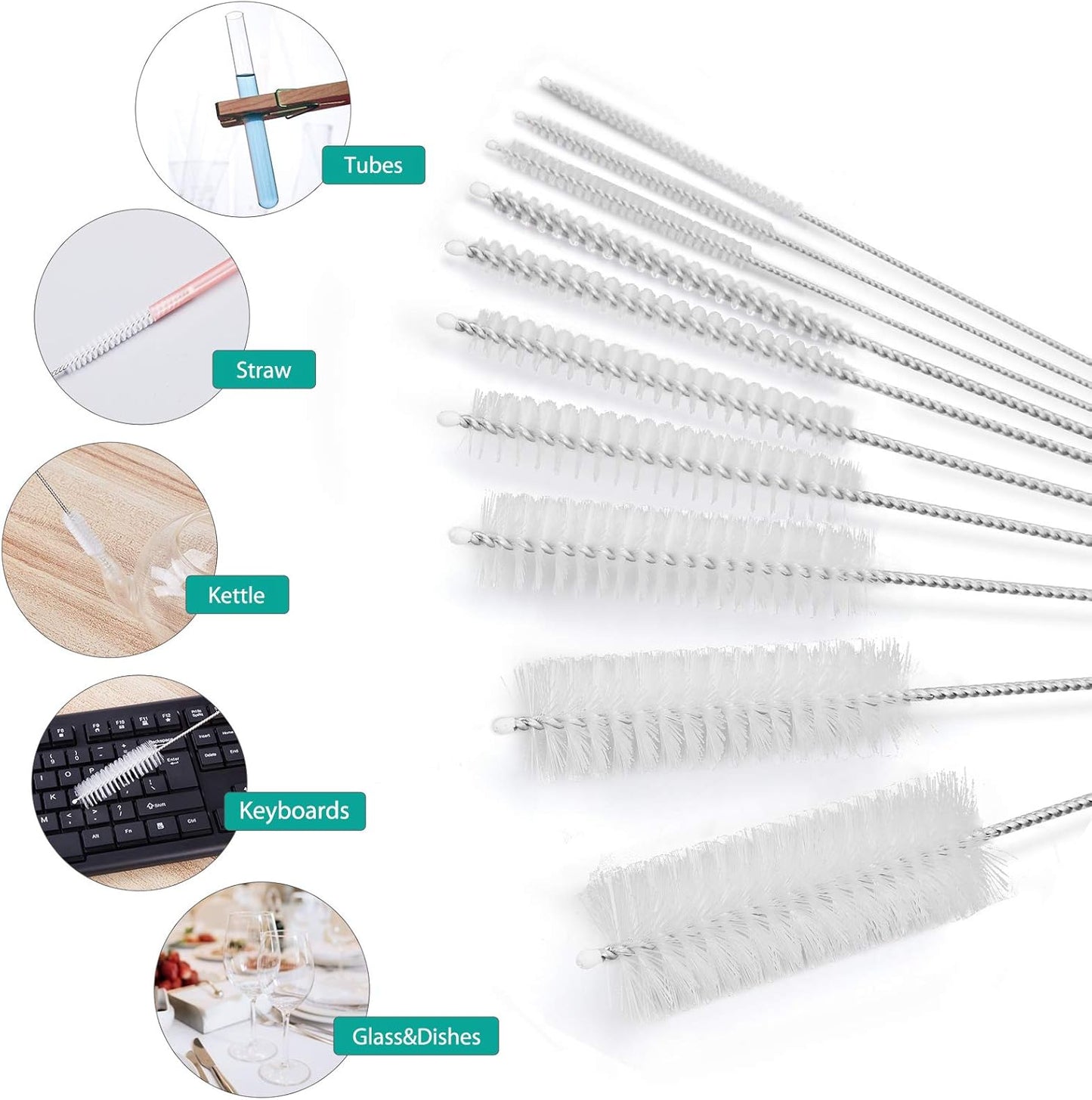 CiaraQ Bottle Cleaning Brushes, 8 Inch Nylon Tube Brush Set, Cleaner for Narrow Neck Bottles Cups with Hook, Set of 10pcs
