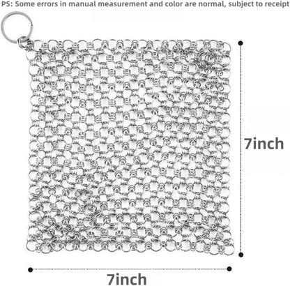 316L Stainless Steel Chain Mail Scrubber pan mesh Cloth for Casting Iron POTS, Frying Pans, pre-Flavor POTS, Cups and Bottles, cast Iron Cleaning, 2 Pieces (7inch)