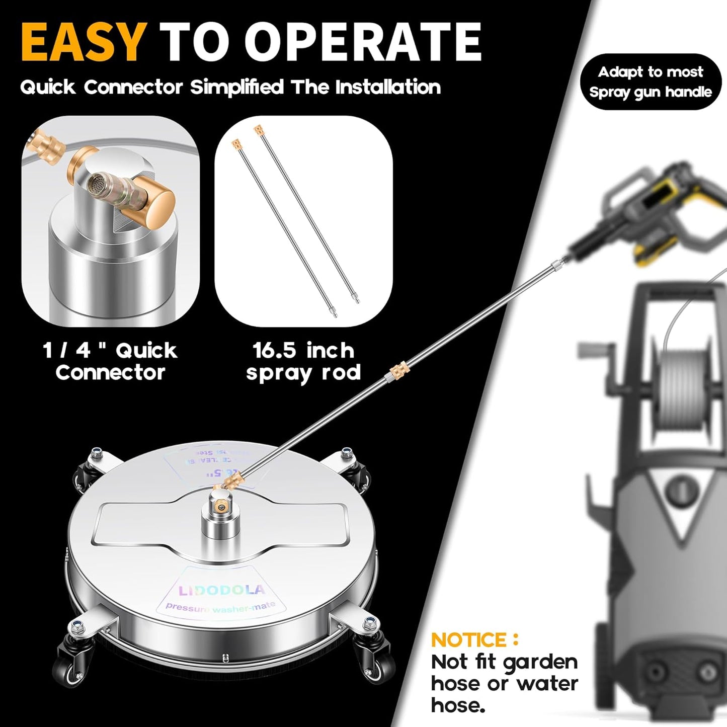 14" Pressure Washer Surface Cleaner with 4 Wheels - Stainless Steel Surface Cleaner for Pressure Washer Attachment for Concrete, Patio, Sidewalk, Deck and Driveways - PWS14