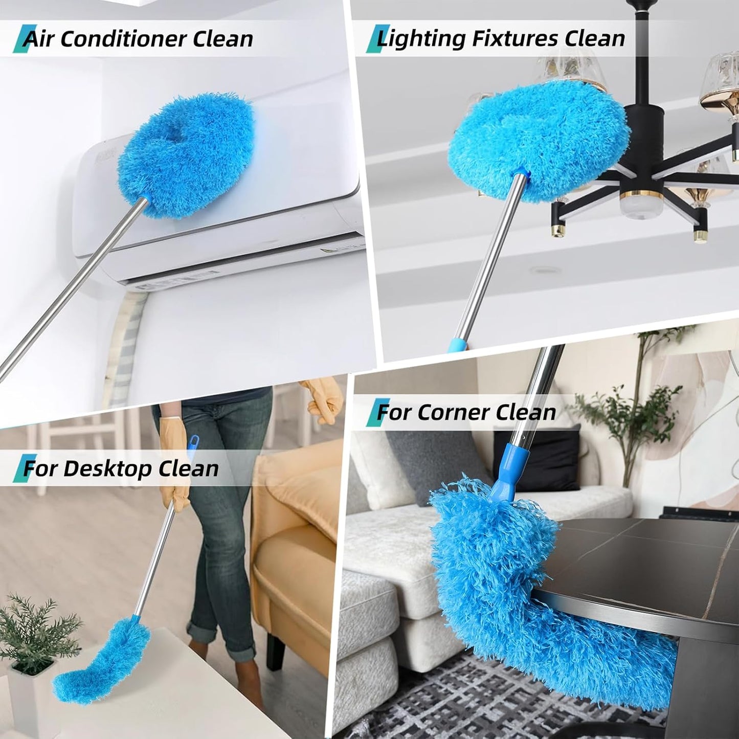 DRQ Ceiling Fan Cleaner Duster, Reusable Microfiber Duster with Extension Pole, 13 to 48 Inch Fan Blade Cleaner, Removable Dusters for Cleaning Walls Bookshelves Door Window Top (Blue)