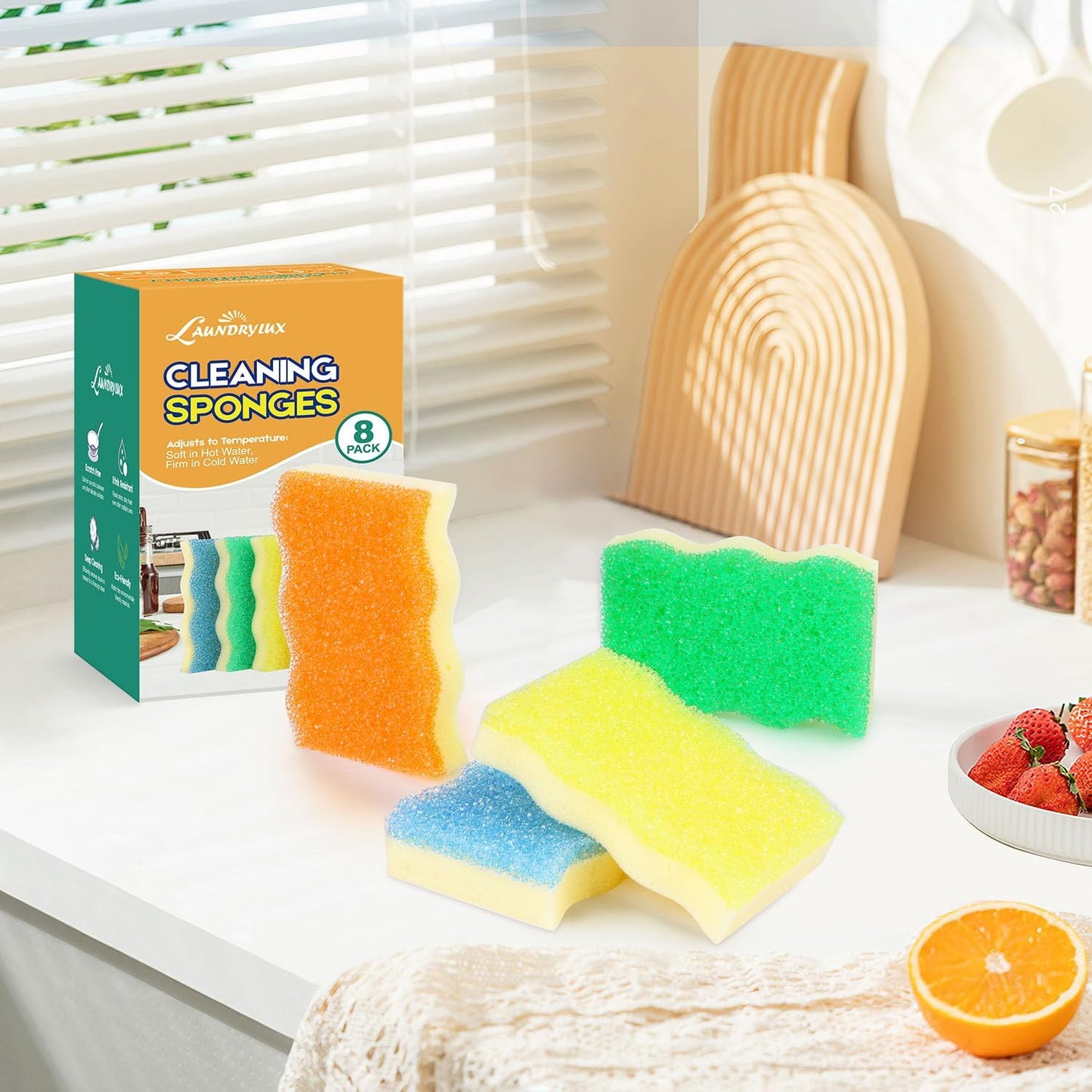LAUNDRYLUX Scrub Sponge, Dual-Sided Temperature-Responsive Scrubber - Non-Scratch - Multipurpose Dish Sponges for Kitchens, Bathrooms, and Outdoor Use - 3 Pack