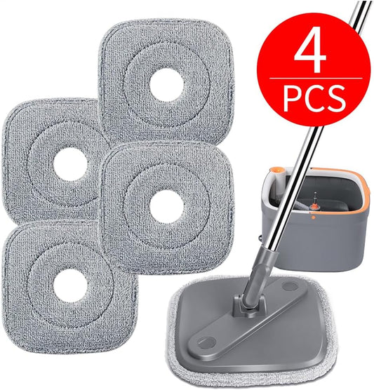 4PC Pads for KZKR Spin Mop and Bucket Set with Self Separation Dirty and Clean Water System, Self Wringing Rotating Square Mop-Head for Hardwood Tile Marble Floors