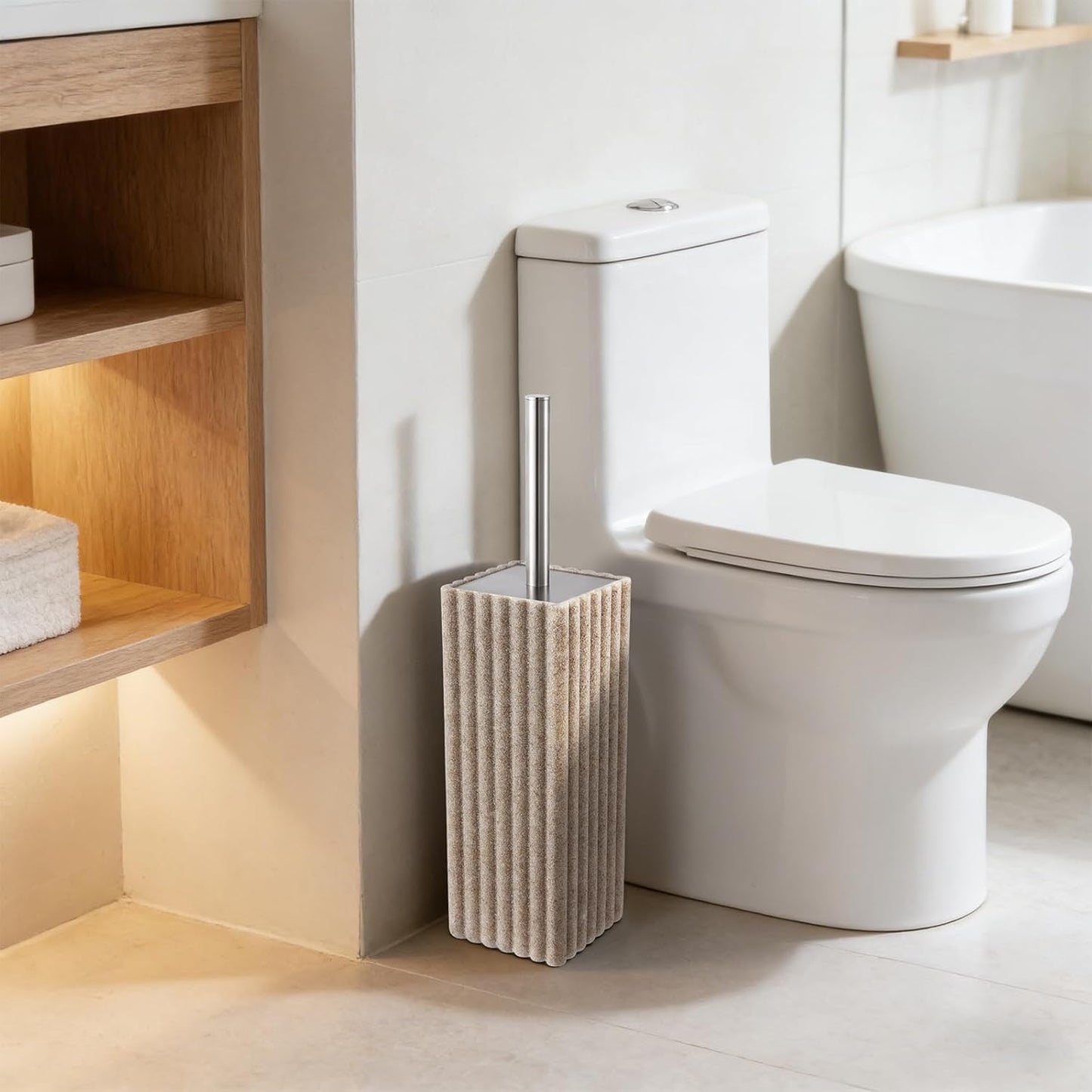 Toilet Bowl Brush and Holder for Bathroom，Resin Toilet Brush and Holder Set with Stainless Steel Handle，Deep Cleaning Modern Toilet Cleaner Brush -Space Saving, Covered Brush (Beige)