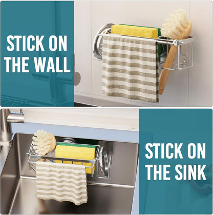 TAILI Sponge Holder for Kitchen Sink with Strong Suction Cup, Rustproof Aluminum Sink Caddy for Sponges, Removable Sponge Holder, Dish Brush for Scraper - Silver