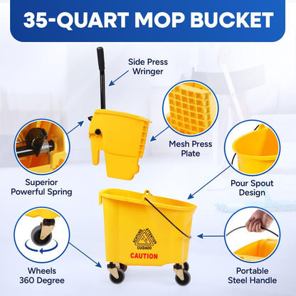 PLASTIC PRINCE Small Mop Bucket with Wringer on Wheels 5 Gallon, Heavy Duty Dual Chamber Mop Bucket Separate Dirty Water, Perfect for Household, 20 Quart Yellow