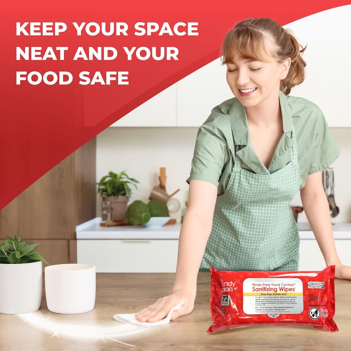 HandyClean Rinse-Free Food Contact Sanitizing Wipes Pouch, Multi Surface Cleaning Supplies for Kitchen and Professional Setting - 1 pack, 71 count