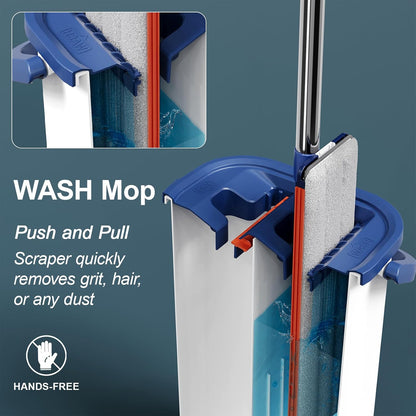 Large Mop and Bucket with Wringer Set for Home, Hands Free Flat Floor Mop and Bucket System with 4 Washable Microfiber Pads, Wet and Dry Use, Mops for Floor Cleaning, Two Bucket Mop System