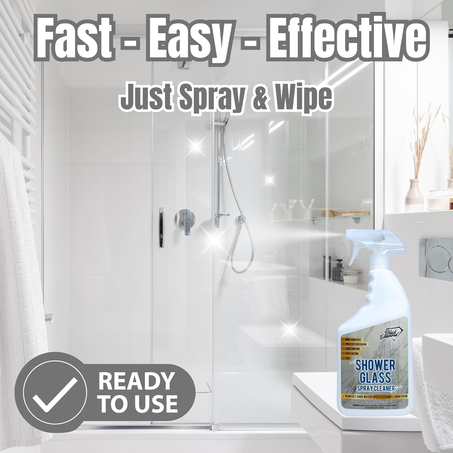 Black Diamond Stoneworks Shower Glass Cleaner – Professional Strength Shower Door & Tile Spray - Removes Hard Water Stains, Soap Scum & Water Spots, Non-Abrasive, Prevents Resoiling (32oz)